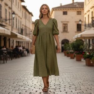 OPHELIA ROE Women’s Medium Olive Green BALLOON SLEEVE DRESS 🌟
